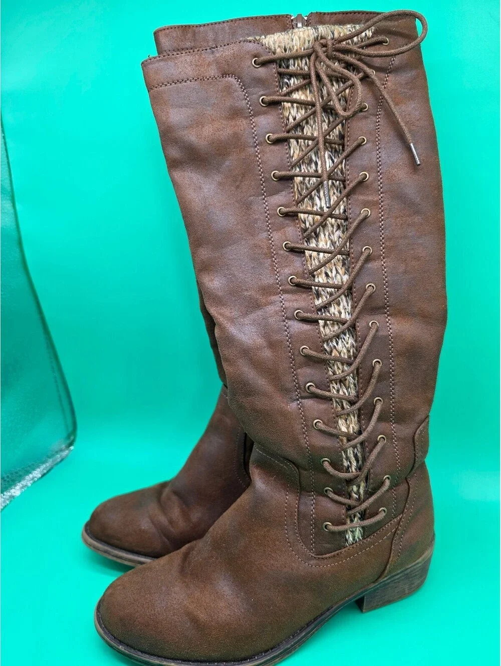 Apt. 9 Women's Tall Lace-Up Boots Brown Knit Back Side Zip Size 7.5M